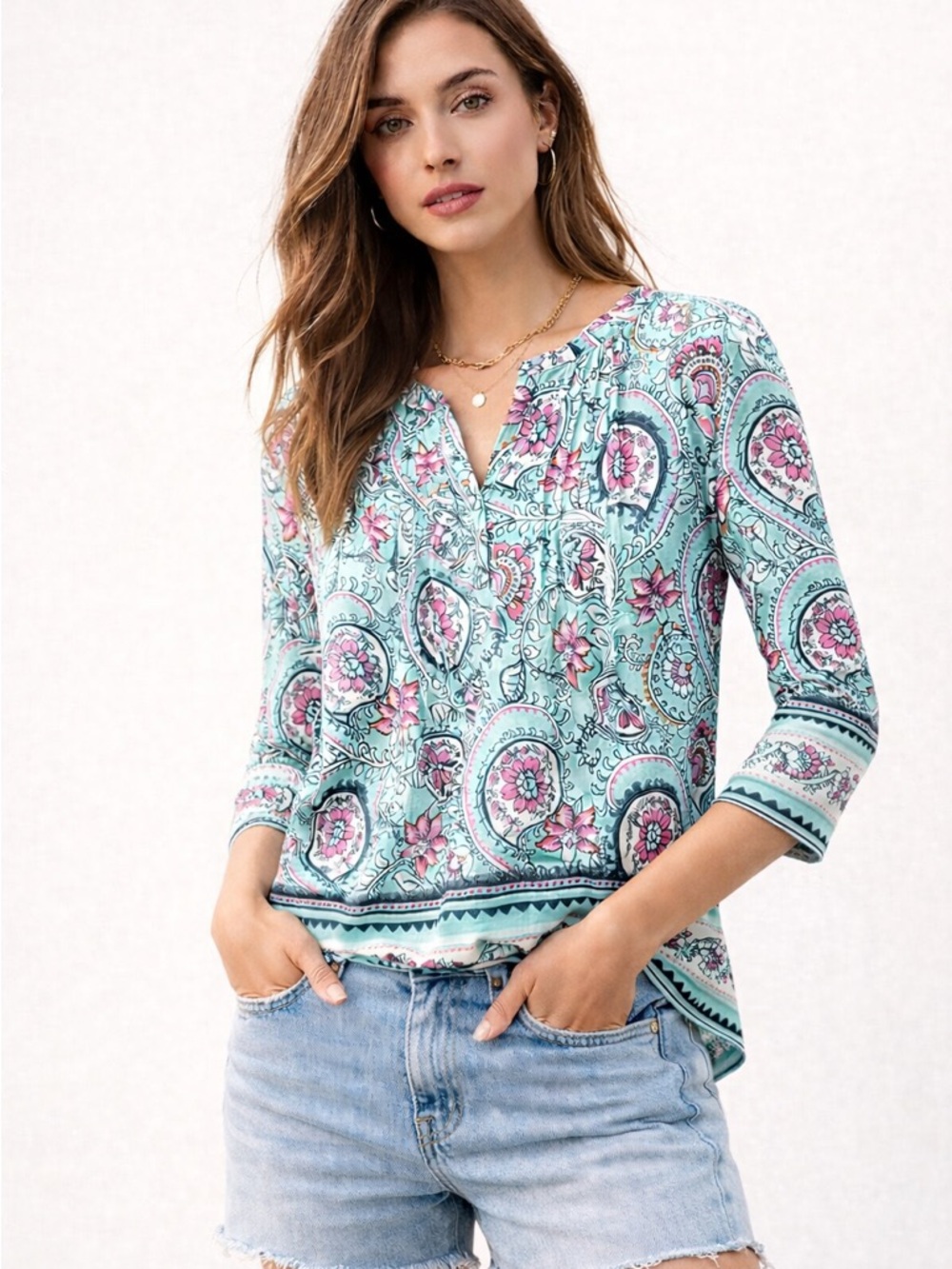Talbots Women Paisley Floral Henley V-Neck 3/4 Sleeve Top Mint Pink Size M
